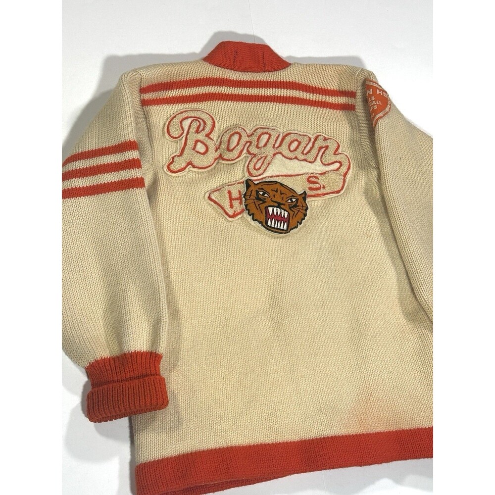 Vintage 1950s Chicago Letterman Cardigan Sweater Women Cream Orange Wool Patches - Picture 13 of 14